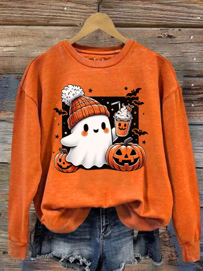 Women's Halloween Cute Ghost Print Crew Neck Sweatshirt