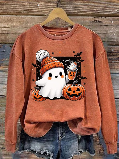 Women's Halloween Cute Ghost Print Crew Neck Sweatshirt