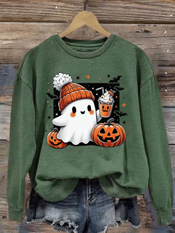 Women's Halloween Cute Ghost Print Crew Neck Sweatshirt