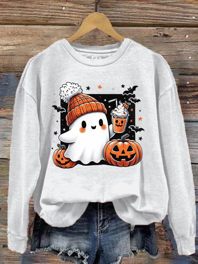 Women's Halloween Cute Ghost Print Crew Neck Sweatshirt