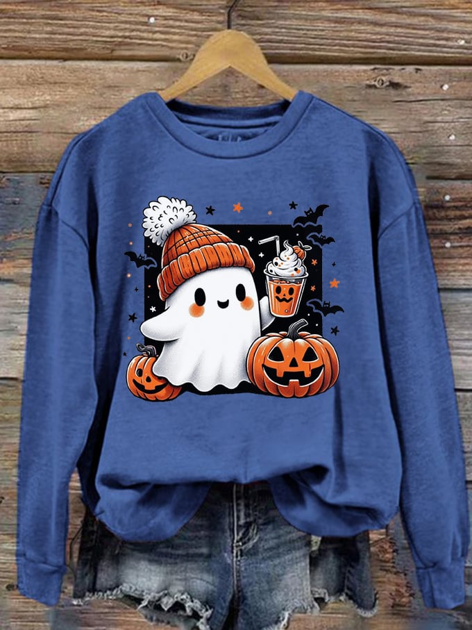 Women's Halloween Cute Ghost Print Crew Neck Sweatshirt