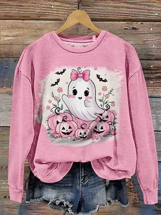 Pink Halloween Ghost Pumpkin Casual Print Sweatshirt